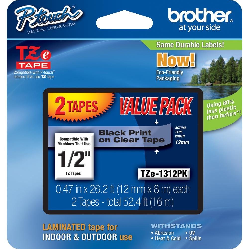 Brother P-Touch TZE1312PK 1/2" Laminated Tape Black/Clear 2 Pack