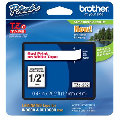 Brother TZE-232  1/2" Laminated Red on White Label Tape