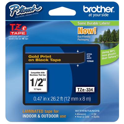 Brother TZE-334 Gold on Black 18mm P-Touch Label Tape