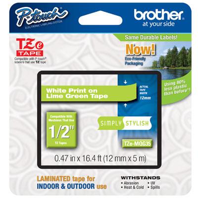 Brother TZE-MQ35 1/2" White on Lime Green Laminated Tape