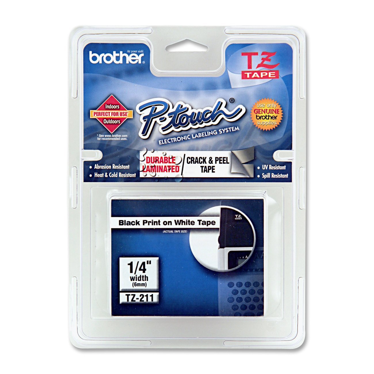 Brother TZE-211 1/4" Laminated Tape Black on White Label Tape