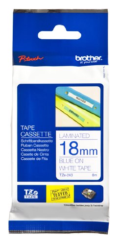 Brother TZE-243 3/4 Inch, Blue on White Laminated Tape