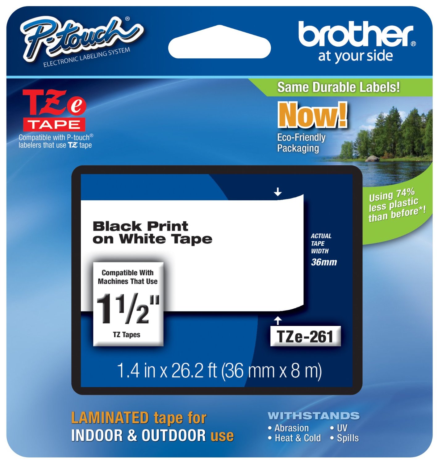 Brother TZE-261 Laminated Black on White 1 1/2 Inch Tape