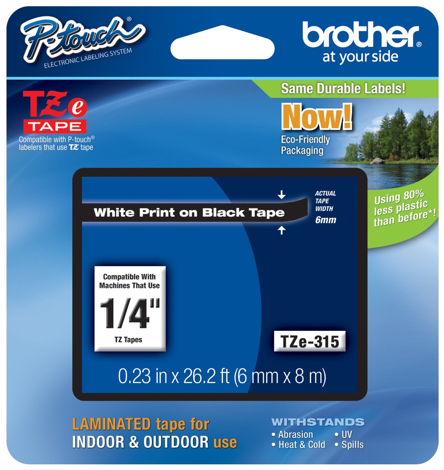 Brother TZE-315 1/4" White on Black Laminated Label Tape