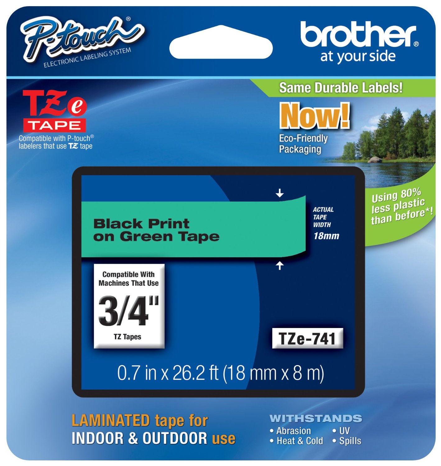 Brother TZE-741 3/4" Laminated Black on Green Label Tape