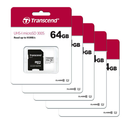 Transcend 64GB Class 10 microSD Memory Card with Adapter, 5 Pack