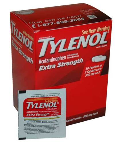 Tylenol Extra Strength Fever/Pain Reducer 500mg Caplets, 50 Packets of 2