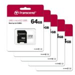 Transcend 64GB Class 10 microSD Memory Card with Adapter, 5 Pack