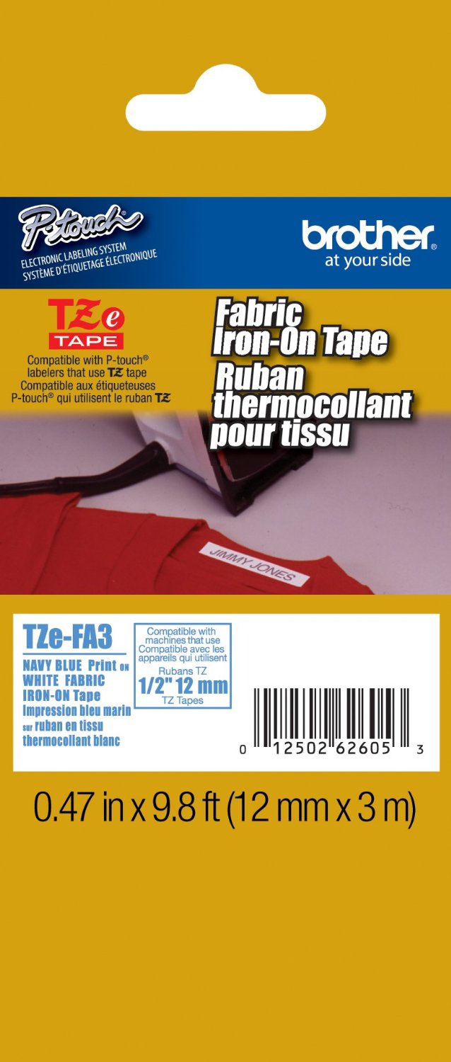 Brother TZE-FA3 Fabric 1/2 Inch Navy Blue on White Iron-On Tape