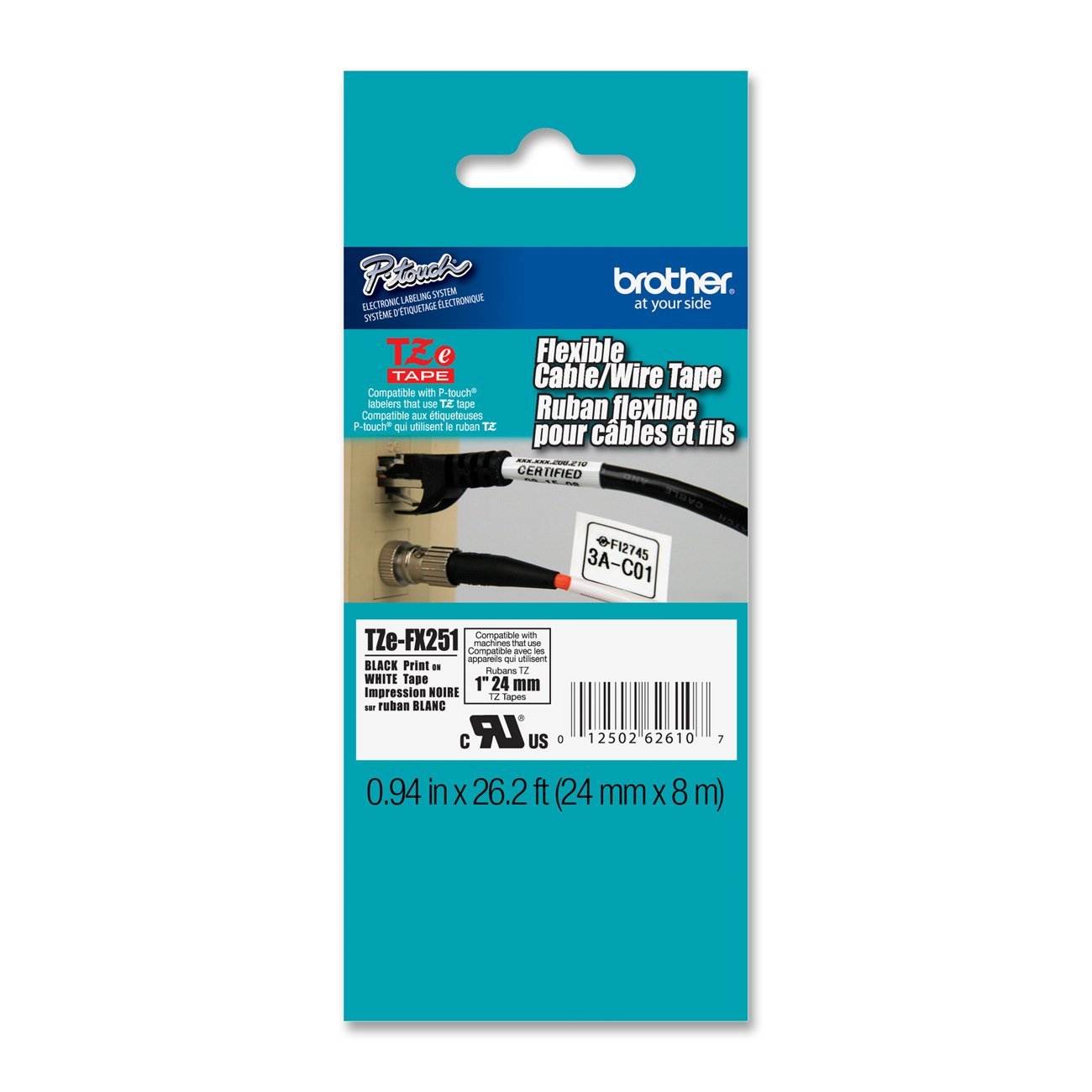 Brother 1" TZE-FX251 Black on White Laminated Flexible ID Black on White Label Tape