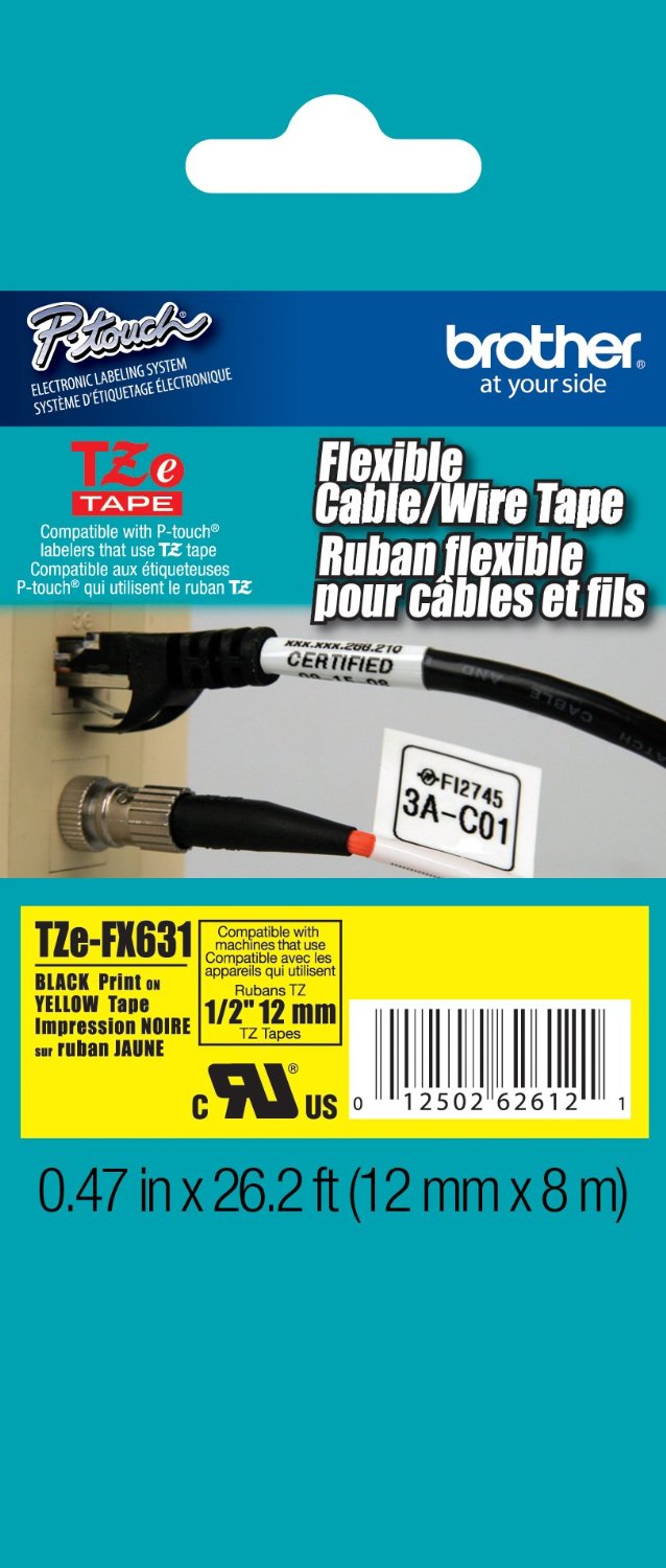 Brother TZe-FX631 1/2" Laminated Flexible ID Black on Yellow  Label Tape