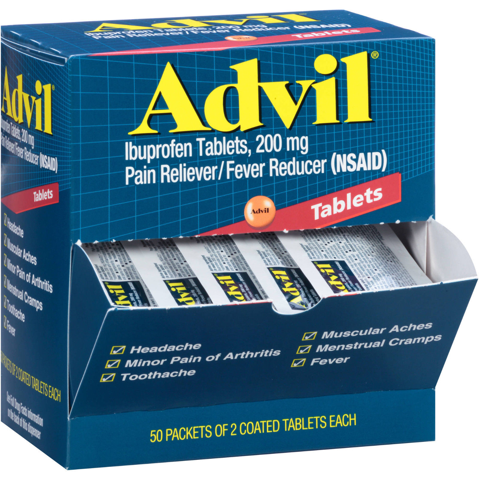 Advil Ibuprofen Pain Reliever Fever Reducer Tablets 200 Mg 50 2 Pks