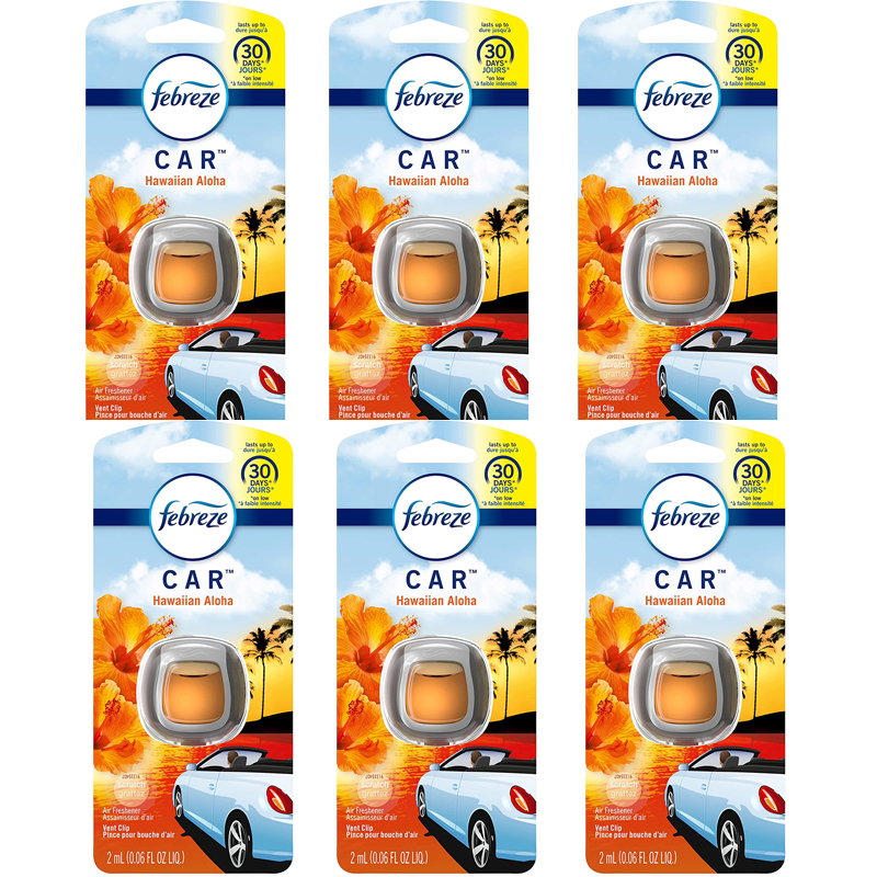 Febreze Car Vent Clip Hawaiian Aloha Scent Air Freshener, 6 Pack