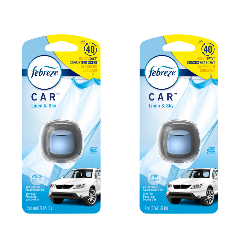 Febreze Car Vent Clip Linen & Sky Scent Air Freshener, 2 Pack