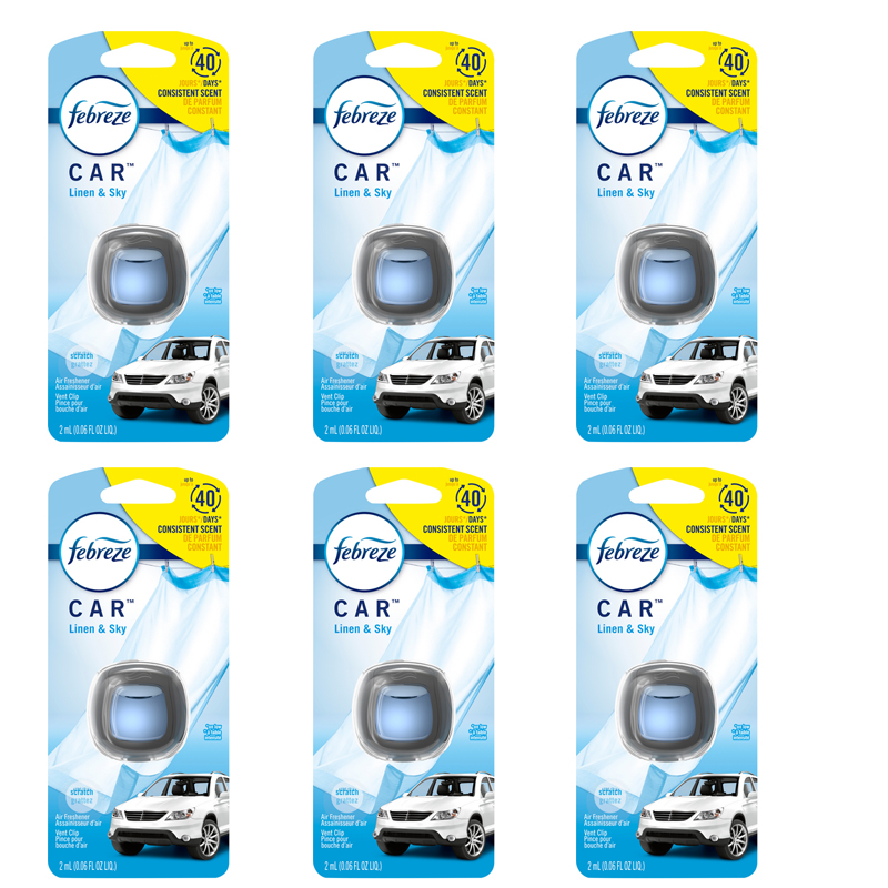 Febreze Car Vent Clip Linen & Sky Scent Air Freshener, 6 Pack