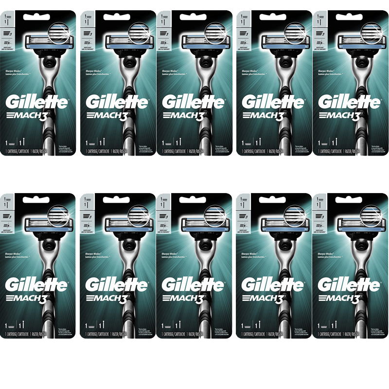 Gillette Mach3 Razor Handle + 1 Refill Cartridge, 10 Pack