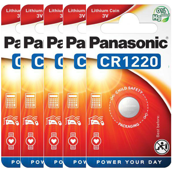 Panasonic CR1220 3V Lithium Coin Cell Battery, 5 Pack