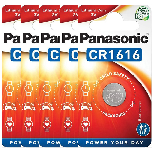 Panasonic CR1616 1616 3V Lithium Coin Cell Batteries, 5 Pack