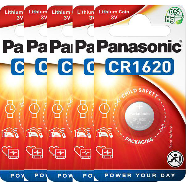 Panasonic CR1620 3V Lithium Coin Cell Battery, 5 Pack