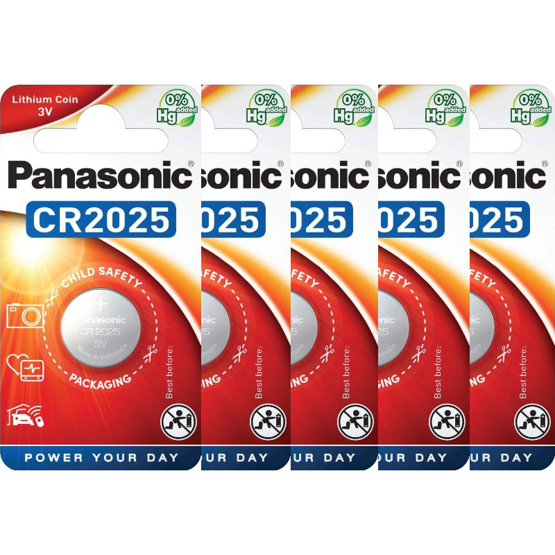 Panasonic CR2025 3V Lithium Coin Cell Batteries, 5 Pack