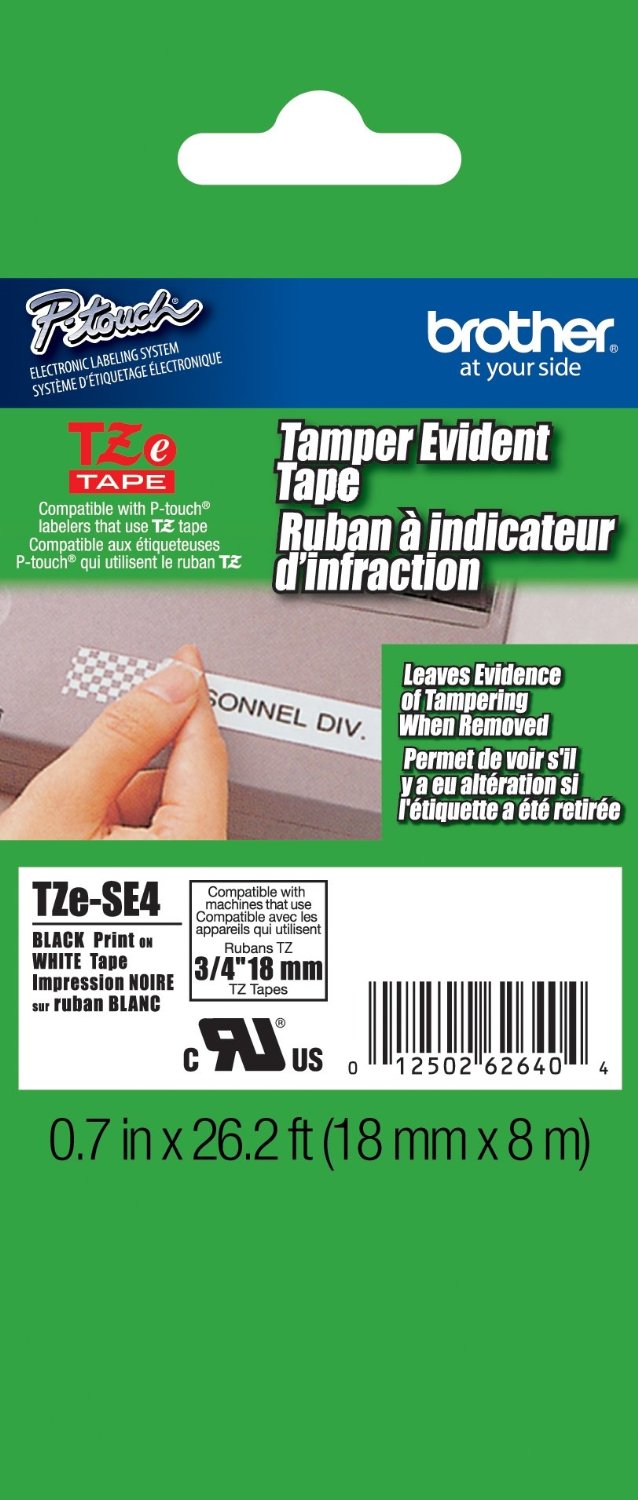 Brother TZeSE4 3/4"  Laminated Black on White Tamper Evident Label Tape