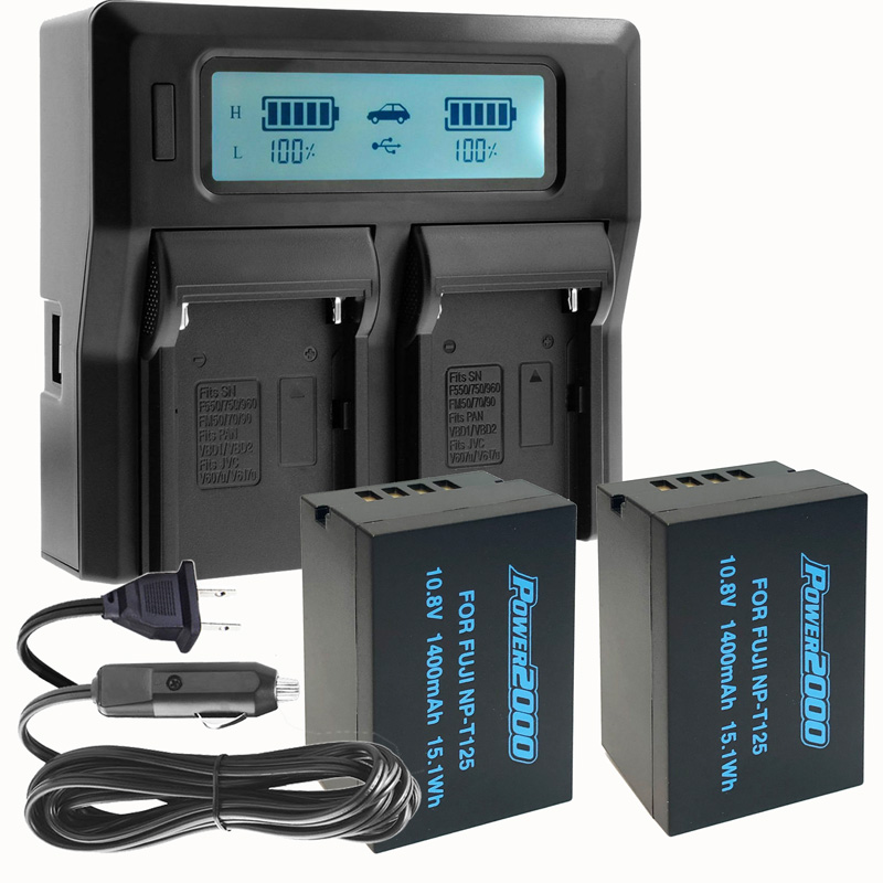 Power2000 2x Batteries with Dual Bay LCD Charger for Fuji NP-T125